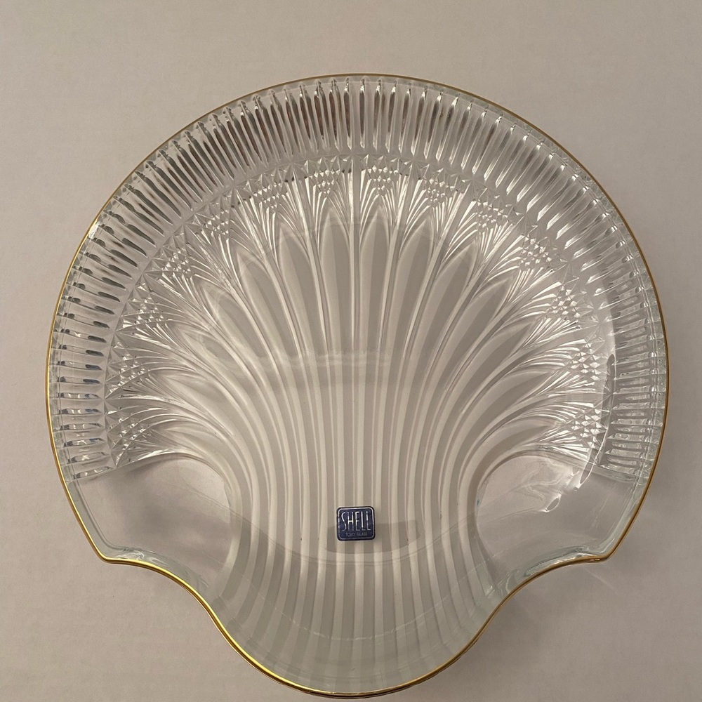 Toyo Glass Shell-Shaped Crystal Serving Platter with Gold Trim